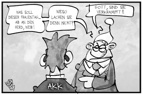 Cartoon: AKK-Witze (medium) by Kostas Koufogiorgos tagged karikatur,koufogiorgos,illustration,cartoon,kramp,karrenbauer,akk,witz,verkrampft,frauentag,satire,kritik,karikatur,koufogiorgos,illustration,cartoon,kramp,karrenbauer,akk,witz,verkrampft,frauentag,satire,kritik