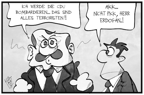 Cartoon: AKK und PKK (medium) by Kostas Koufogiorgos tagged karikatur,koufogiorgos,illustration,cartoon,akk,pkk,verwechslung,tuerkei,erdogan,kurden,konflikt,krieg,cdu,bomben,karikatur,koufogiorgos,illustration,cartoon,akk,pkk,verwechslung,tuerkei,erdogan,kurden,konflikt,krieg,cdu,bomben