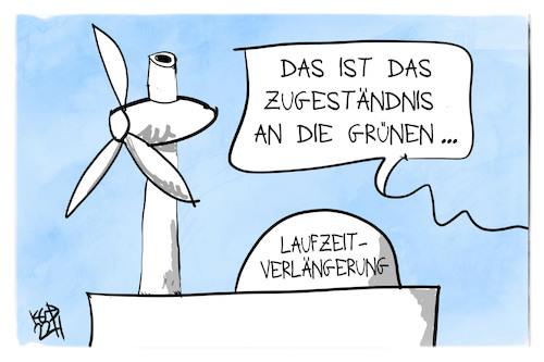 Cartoon: AKW-Laufzeit (medium) by Kostas Koufogiorgos tagged karikatur,koufogiorgos,akw,windrad,energie,laufzeitverlängerung,grüne,energiewende,karikatur,koufogiorgos,akw,windrad,energie,laufzeitverlängerung,grüne,energiewende