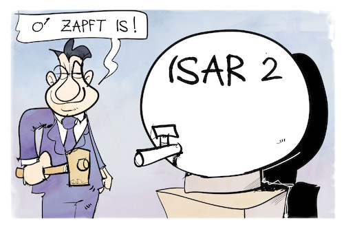 Cartoon: AKW Isar 2 (medium) by Kostas Koufogiorgos tagged karikatur,koufogiorgos,akw,isar,leckage,leck,ventil,ozapftis,anstich,söder,bayern,atomkraft,karikatur,koufogiorgos,akw,isar,leckage,leck,ventil,ozapftis,anstich,söder,bayern,atomkraft