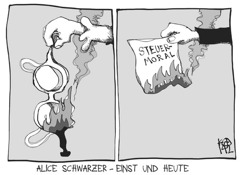 Cartoon: Alice Schwarzer einst und heute (medium) by Kostas Koufogiorgos tagged illustration,cartoon,karikatur,koufogiorgos,alice,schwarzer,bh,steuerhinterziehung,steuermoral,feminismus,gesellschaft,geld,betrug,illustration,cartoon,karikatur,koufogiorgos,alice,schwarzer,bh,steuerhinterziehung,steuermoral,feminismus,gesellschaft,geld,betrug