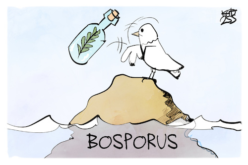Cartoon: Allein am Bosporus (medium) by Kostas Koufogiorgos tagged karikatur,koufogiorgos,bosporus,allein,friedenstaube,treffen,flaschenpost,botschaft,karikatur,koufogiorgos,bosporus,allein,friedenstaube,treffen,flaschenpost,botschaft