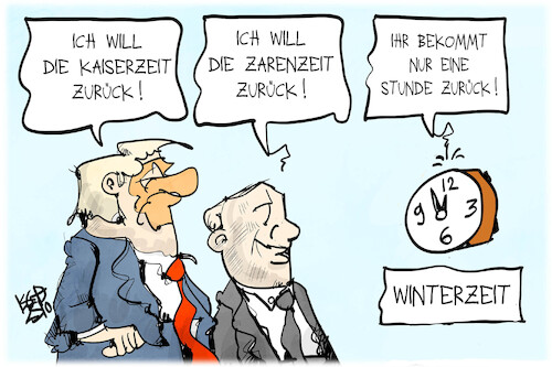 Cartoon: Alte Zeiten (medium) by Kostas Koufogiorgos tagged karikatur,koufogiorgos,zeit,winterzeot,stunde,kaiserzeit,zarenzeit,putin,trump,karikatur,koufogiorgos,zeit,winterzeot,stunde,kaiserzeit,zarenzeit,putin,trump