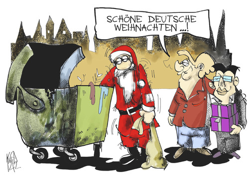 Cartoon: Altersarmut (medium) by Kostas Koufogiorgos tagged armut,altersarmut,weihnachtsmann,merkel,rösler,müll,reichtum,gesellschaft,karikatur,kostas,koufogiorgos,armut,altersarmut,weihnachtsmann,merkel,rösler,müll,reichtum,gesellschaft,karikatur,kostas,koufogiorgos