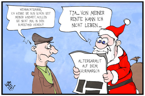 Cartoon: Altersarmut (medium) by Kostas Koufogiorgos tagged karikatur,koufogiorgos,illustration,cartoon,altersarmut,weihnachtsmann,rente,ruhestand,geld,arm,sozial,karikatur,koufogiorgos,illustration,cartoon,altersarmut,weihnachtsmann,rente,ruhestand,geld,arm,sozial