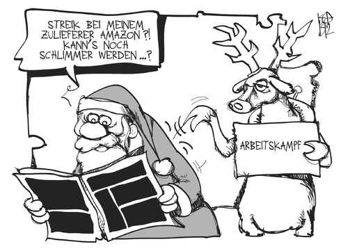 Cartoon: Amazon-Streik (medium) by Kostas Koufogiorgos tagged amazon,warnstreik,streik,weihnachtsmann,rentier,arbeitskampf,versandhandel,wirtschaft,weihnachtsgeschenk,weihnachten,karikatur,koufogiorgos,amazon,warnstreik,streik,weihnachtsmann,rentier,arbeitskampf,versandhandel,wirtschaft,weihnachtsgeschenk,weihnachten,karikatur,koufogiorgos