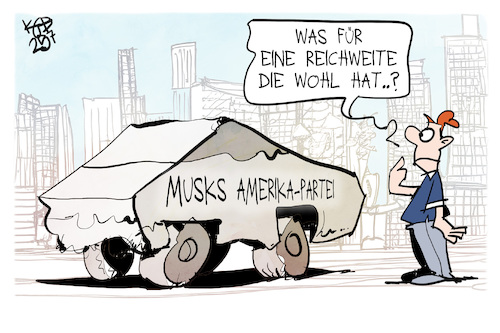 Cartoon: Amerika-Partei (medium) by Kostas Koufogiorgos tagged karikatur,koufogiorgos,amerika,tesla,reichweite,usa,musk,karikatur,koufogiorgos,amerika,tesla,reichweite,usa,musk