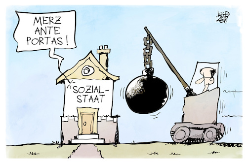 Cartoon: Angriff auf den Sozialstaat (medium) by Kostas Koufogiorgos tagged karikatur,koufogiorgos,merz,abrissbirne,sozialstaat,finanzen,karikatur,koufogiorgos,merz,abrissbirne,sozialstaat,finanzen