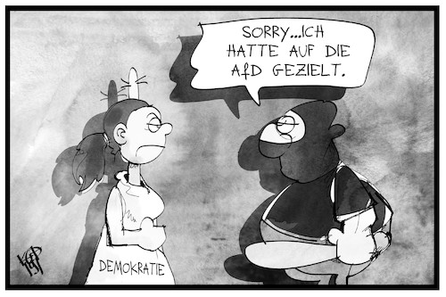 Cartoon: Angriff auf die Demokratie (medium) by Kostas Koufogiorgos tagged karikatur,koufogiorgos,illustration,cartoon,angriff,anschlag,terrorist,demokratie,getroffen,ziel,partei,extremismus,karikatur,koufogiorgos,illustration,cartoon,angriff,anschlag,terrorist,demokratie,getroffen,ziel,partei,extremismus