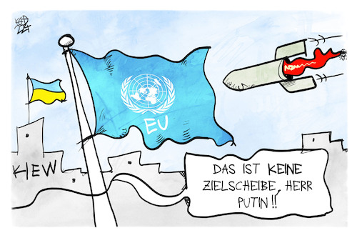 Cartoon: Angriff auf Kiew (medium) by Kostas Koufogiorgos tagged karikatur,koufogiorgos,kiew,un,eu,ukraine,russland,zielscheibe,fahne,flagge,karikatur,koufogiorgos,kiew,un,eu,ukraine,russland,zielscheibe,fahne,flagge