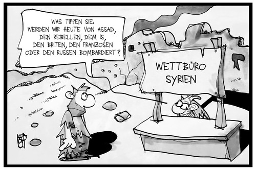 Cartoon: Angriff auf Syrien (medium) by Kostas Koufogiorgos tagged karikatur,koufogiorgos,illustration,cartoon,syrien,wettbüro,krieg,konflikt,bombardierung,ruine,angriff,wetten,tippen,assad,politik,karikatur,koufogiorgos,illustration,cartoon,syrien,wettbüro,krieg,konflikt,bombardierung,ruine,angriff,wetten,tippen,assad,politik