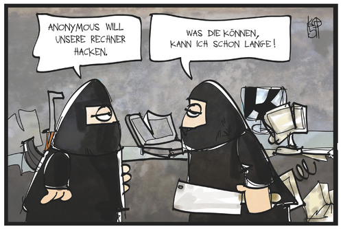 Cartoon: Anonymous vs. ISIS (medium) by Kostas Koufogiorgos tagged karikatur,koufogiorgos,illustration,cartoon,anonymus,is,isis,hacker,terrorismus,terrorist,rechner,computer,beil,zerstörung,krieg,konflikt,karikatur,koufogiorgos,illustration,cartoon,anonymus,is,isis,hacker,terrorismus,terrorist,rechner,computer,beil,zerstörung,krieg,konflikt