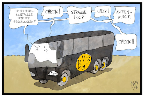 Cartoon: Anschlag auf BVB (medium) by Kostas Koufogiorgos tagged karikatur,koufogiorgos,illustration,cartoon,bvb,dortmund,anschlag,sicherheit,kontrolle,check,bus,börsenkurs,kriminalität,mannschaft,karikatur,koufogiorgos,illustration,cartoon,bvb,dortmund,anschlag,sicherheit,kontrolle,check,bus,börsenkurs,kriminalität,mannschaft