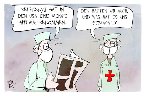 Cartoon: Applaus für Selenskyj (medium) by Kostas Koufogiorgos tagged karikatur,koufogiorgos,applaus,selenskyj,usa,arzt,pflegekraft,gesundheit,ukraine,karikatur,koufogiorgos,applaus,selenskyj,usa,arzt,pflegekraft,gesundheit,ukraine