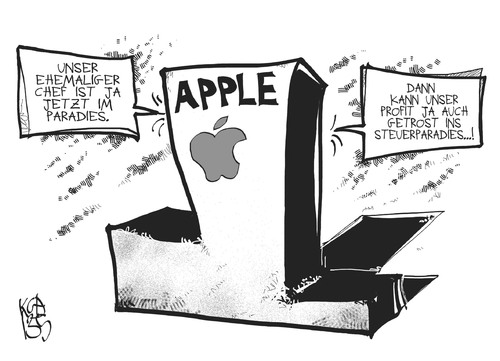 Cartoon: Apple im Paradies (medium) by Kostas Koufogiorgos tagged apple,steuern,paradies,steve,jobs,betrug,computer,mac,profit,karikatur,wirtschaft,koufogiorgos,apple,steuern,paradies,steve,jobs,betrug,computer,mac,profit,karikatur,wirtschaft,koufogiorgos