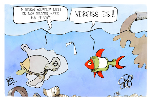 Cartoon: AquaDom (medium) by Kostas Koufogiorgos tagged karikatur,koufogiorgos,aquarium,aquadom,fisch,meer,verschmutzung,karikatur,koufogiorgos,aquarium,aquadom,fisch,meer,verschmutzung