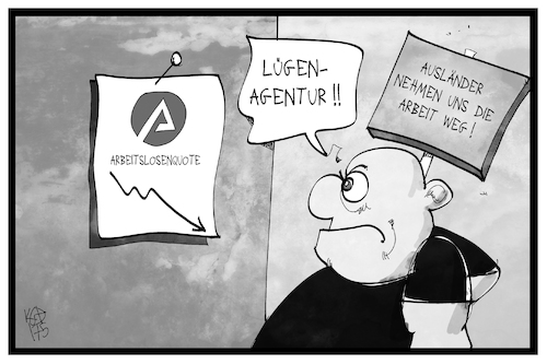 Cartoon: Arbeitslosenquote (medium) by Kostas Koufogiorgos tagged karikatur,koufogiorgos,illustration,cartoon,arbeitsmarkt,arbeitslosenzahl,rechtsextremismus,vorurteil,ausländer,statistik,karikatur,koufogiorgos,illustration,cartoon,arbeitsmarkt,arbeitslosenzahl,rechtsextremismus,vorurteil,ausländer,statistik