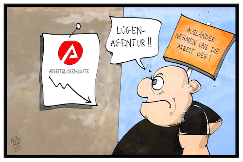 Cartoon: Arbeitslosenquote (medium) by Kostas Koufogiorgos tagged karikatur,koufogiorgos,illustration,cartoon,arbeitsmarkt,arbeitslosenzahl,rechtsextremismus,vorurteil,ausländer,statistik,karikatur,koufogiorgos,illustration,cartoon,arbeitsmarkt,arbeitslosenzahl,rechtsextremismus,vorurteil,ausländer,statistik