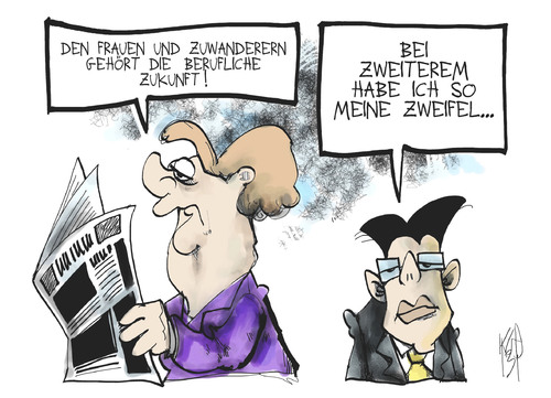 Cartoon: Arbeitsmarkt (medium) by Kostas Koufogiorgos tagged rösler,merkel,zukunft,regierung,wahl,arbeitsmarkt,frauen,zuwanderer,job,karikatur,kostas,koufogiorgos,rösler,merkel,zukunft,regierung,wahl,arbeitsmarkt,frauen,zuwanderer,job,karikatur,kostas,koufogiorgos