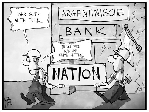 Cartoon: Argentinien (medium) by Kostas Koufogiorgos tagged karikatur,koufogiorgos,cartoon,illustration,bank,staat,staatspleite,rettung,wirtschaft,politik,trick,arbeiter,argentinien,geld,karikatur,koufogiorgos,cartoon,illustration,bank,staat,staatspleite,rettung,wirtschaft,politik,trick,arbeiter,argentinien,geld