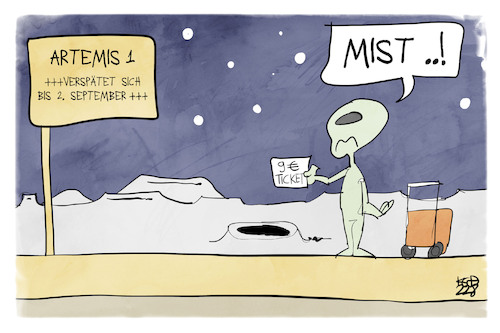 Cartoon: Artemis 1 (medium) by Kostas Koufogiorgos tagged karikatur,koufogiorgos,artemis,flucht,mondmission,alien,9euroticket,karikatur,koufogiorgos,artemis,flucht,mondmission,alien,9euroticket