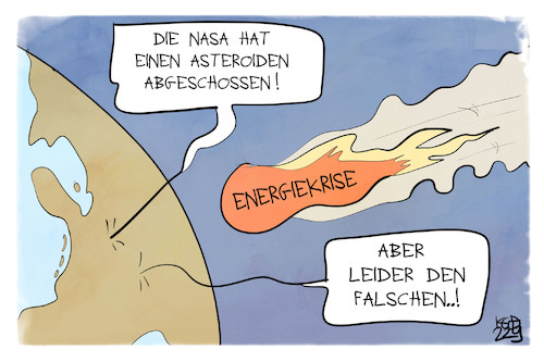 Cartoon: Asteroiden-Treffer (medium) by Kostas Koufogiorgos tagged karikatur,koufogiorgos,nasa,asteroid,einschlag,ablenkung,energiekrise,erde,karikatur,koufogiorgos,nasa,asteroid,einschlag,ablenkung,energiekrise,erde