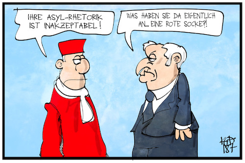 Cartoon: Asyl-Rhetorik (medium) by Kostas Koufogiorgos tagged karikatur,koufogiorgos,illustration,cartoon,asyl,rhetorik,seehofer,csu,rot,robe,socke,links,voßkuhle,bverg,verfassungsgericht,politik,asylpolitik,karikatur,koufogiorgos,illustration,cartoon,asyl,rhetorik,seehofer,csu,rot,robe,socke,links,voßkuhle,bverg,verfassungsgericht,politik,asylpolitik