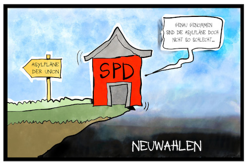 Cartoon: Asylpläne vs. Neuwahlen (medium) by Kostas Koufogiorgos tagged karikatur,koufogiorgos,illustration,cartoon,asylpläne,asylpolitik,haus,spd,partei,sozialdemokraten,neuwahlen,abgrund,alternative,union,karikatur,koufogiorgos,illustration,cartoon,asylpläne,asylpolitik,haus,spd,partei,sozialdemokraten,neuwahlen,abgrund,alternative,union