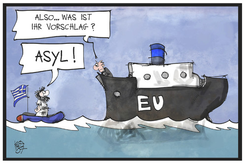 Cartoon: Athens Vorschlag (medium) by Kostas Koufogiorgos tagged karikatur,koufogiorgos,illustration,cartoon,griechenland,eu,europa,eurozone,asyl,schiff,schiffbrüchig,diplomatie,schuldenstreit,karikatur,koufogiorgos,illustration,cartoon,griechenland,eu,europa,eurozone,asyl,schiff,schiffbrüchig,diplomatie,schuldenstreit