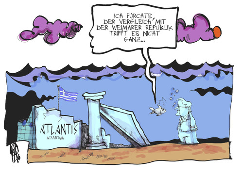 Cartoon: Atlantis (medium) by Kostas Koufogiorgos tagged weimarer,republik,samaras,griechenland,euro,schulden,krise,pleite,atlantis,meer,untergang,karikatur,kostas,koufogiorgos,weimarer,republik,samaras,griechenland,euro,schulden,krise,pleite,atlantis,meer,untergang,karikatur,kostas,koufogiorgos