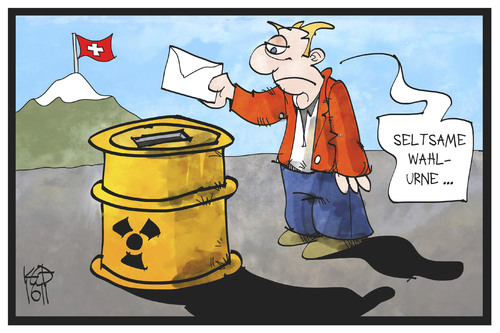 Cartoon: Atomausstieg Schweiz (medium) by Kostas Koufogiorgos tagged karikatur,koufogiorgos,illustration,cartoon,atomausstieg,schweiz,wahl,referendum,wahlurne,nuklear,fass,muell,abfall,umwelt,karikatur,koufogiorgos,illustration,cartoon,atomausstieg,schweiz,wahl,referendum,wahlurne,nuklear,fass,muell,abfall,umwelt