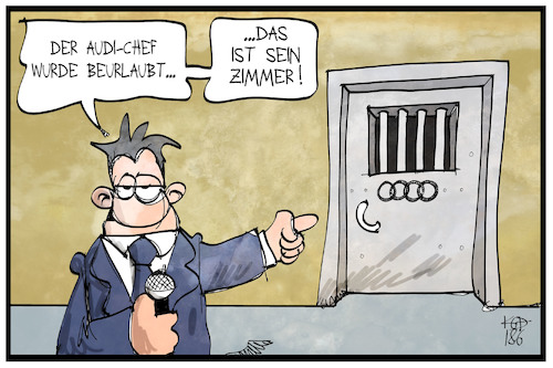 Cartoon: Audi-Chef in Haft (medium) by Kostas Koufogiorgos tagged karikatur,koufogiorgos,illustration,cartoon,audi,chef,manager,stadler,haft,untersuchungshaft,kette,logo,ringe,gefängnis,anketten,wirtschaft,dieselgate,abgasskandal,automobilindustrie,karikatur,koufogiorgos,illustration,cartoon,audi,chef,manager,stadler,haft,untersuchungshaft,kette,logo,ringe,gefängnis,anketten,wirtschaft,dieselgate,abgasskandal,automobilindustrie