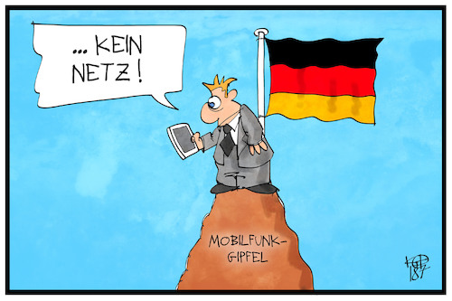 Cartoon: Auf dem Mobilfunkgipfel... (medium) by Kostas Koufogiorgos tagged karikatur,koufogiorgos,illustration,cartoon,mobilfunk,gipfel,kommunikation,funkloch,netz,telekommunikation,handy,deutschland,technik,technologie,kunde,karikatur,koufogiorgos,illustration,cartoon,mobilfunk,gipfel,kommunikation,funkloch,netz,telekommunikation,handy,deutschland,technik,technologie,kunde