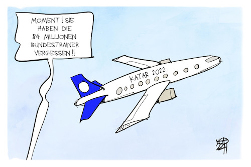 Cartoon: Auf zur WM in Katar (medium) by Kostas Koufogiorgos tagged karikatur,koufogiorgos,bundestrainer,flugzeug,karikatur,koufogiorgos,bundestrainer,flugzeug