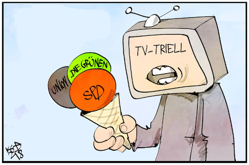 Cartoon: Auftakt zum TV-Triell (medium) by Kostas Koufogiorgos tagged karikatur,koufogiorgos,illustration,cartoon,tv,triell,grüne,cdu,spd,fernsehen,wahlkampf,karikatur,koufogiorgos,illustration,cartoon,tv,triell,grüne,cdu,spd,fernsehen,wahlkampf