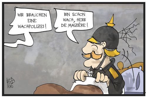 Cartoon: Aufwachen - Polizei! (medium) by Kostas Koufogiorgos tagged karikatur,koufogiorgos,illustration,cartoon,wachpolizei,kaiserzeit,pickelhaube,maiziere,innenpolitik,sicherheit,polizei,schlafen,wach,aufgeweckt,karikatur,koufogiorgos,illustration,cartoon,wachpolizei,kaiserzeit,pickelhaube,maiziere,innenpolitik,sicherheit,polizei,schlafen,wach,aufgeweckt