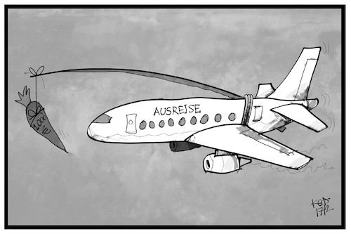 Cartoon: Ausreiseprämie (medium) by Kostas Koufogiorgos tagged karikatur,koufogiorgos,illustration,cartoon,rückreise,prämie,flüchtlinge,flugzeuge,ausreise,köder,anreiz,geld,euro,asyl,politik,karikatur,koufogiorgos,illustration,cartoon,rückreise,prämie,flüchtlinge,flugzeuge,ausreise,köder,anreiz,geld,euro,asyl,politik