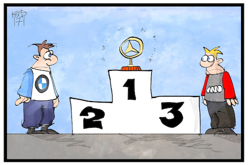 Cartoon: Autobauer-Ranking (medium) by Kostas Koufogiorgos tagged karikatur,koufogiorgos,illustration,cartoon,autobauer,mercedes,daimler,absatz,podest,gewinner,ranking,bmw,audi,wirtschaft,karikatur,koufogiorgos,illustration,cartoon,autobauer,mercedes,daimler,absatz,podest,gewinner,ranking,bmw,audi,wirtschaft