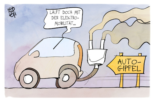 Cartoon: Autogipfel (medium) by Kostas Koufogiorgos tagged karikatur,koufogiorgos,autogipfel,elektromobilität,kabel,abgas,auspuff,karikatur,koufogiorgos,autogipfel,elektromobilität,kabel,abgas,auspuff