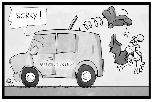 Cartoon: Automobilindustrie (medium) by Kostas Koufogiorgos tagged karikatur,koufogiorgos,illustration,cartoon,automobil,wirtschaft,autobauer,industrie,fertigung,arbeiter,techniker,auto,karikatur,koufogiorgos,illustration,cartoon,automobil,wirtschaft,autobauer,industrie,fertigung,arbeiter,techniker,auto