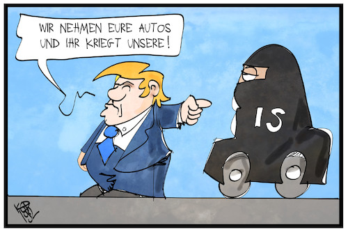 Cartoon: Autotausch (medium) by Kostas Koufogiorgos tagged karikatur,illustration,cartoon,koufogiorgos,strafzölle,autos,is,tausch,burka,trump,terrorismus,sicherheit,karikatur,illustration,cartoon,koufogiorgos,strafzölle,autos,is,tausch,burka,trump,terrorismus,sicherheit