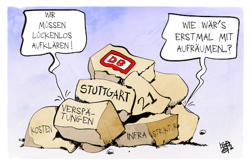 Cartoon: Bahn-Trümmer (medium) by Kostas Koufogiorgos tagged karikatur,koufogiorgos,bahn,palla,aufklärung,stuttgart,kosten,infrastruktur,trümmer,aufräumen,karikatur,koufogiorgos,bahn,palla,aufklärung,stuttgart,kosten,infrastruktur,trümmer,aufräumen