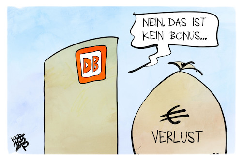 Cartoon: Bahn-Verluste (medium) by Kostas Koufogiorgos tagged karikatur,koufogiorgos,bahn,verlust,geld,bonus,karikatur,koufogiorgos,bahn,verlust,geld,bonus