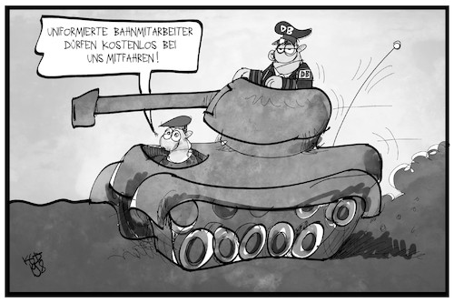 Cartoon: Bahn und Bundeswehr (medium) by Kostas Koufogiorgos tagged karikatur,koufogiorgos,illustration,cartoon,bahn,bundeswehr,soldat,panzer,mobilität,mitarbeiter,lokführer,militär,karikatur,koufogiorgos,illustration,cartoon,bahn,bundeswehr,soldat,panzer,mobilität,mitarbeiter,lokführer,militär