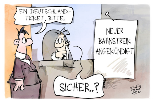 Cartoon: Bahnstreik (medium) by Kostas Koufogiorgos tagged karikatur,koufogiorgos,bahnstreik,gewerkschaft,evg,bahn,kunde,deutschlandticket,karikatur,koufogiorgos,bahnstreik,gewerkschaft,evg,bahn,kunde,deutschlandticket