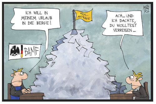 Cartoon: BAMF (medium) by Kostas Koufogiorgos tagged karikatur,koufogiorgos,illustration,cartoon,bamf,amt,buero,urlaub,verreisen,berg,asyl,antraege,flüchtlingskrise,arbeitnehmer,karikatur,koufogiorgos,illustration,cartoon,bamf,amt,buero,urlaub,verreisen,berg,asyl,antraege,flüchtlingskrise,arbeitnehmer