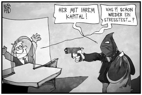 Cartoon: Banken-Stresstest (medium) by Kostas Koufogiorgos tagged karikatur,koufogiorgos,illustration,cartoon,stresstest,bank,überfall,räuber,kapital,geld,ezb,wirtschaft,karikatur,koufogiorgos,illustration,cartoon,stresstest,bank,überfall,räuber,kapital,geld,ezb,wirtschaft