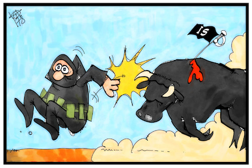 Cartoon: Barcelona (medium) by Kostas Koufogiorgos tagged karikatur,koufogiorgos,illustration,cartoon,terrorismus,terrorist,anschlag,barcelona,stier,kampf,islamismus,fanatismus,verteidigung,spanien,karikatur,koufogiorgos,illustration,cartoon,terrorismus,terrorist,anschlag,barcelona,stier,kampf,islamismus,fanatismus,verteidigung,spanien