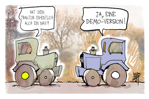Cartoon: Bauerndemo (medium) by Kostas Koufogiorgos tagged karikatur,koufogiorgos,traktor,navi,bauern,protest,demo,karikatur,koufogiorgos,traktor,navi,bauern,protest,demo