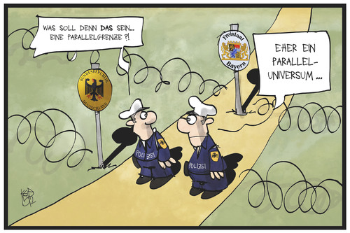 Cartoon: Bayerische Grenzkontrolle (medium) by Kostas Koufogiorgos tagged karikatur,koufogiorgos,illustration,cartoon,bayern,deutschland,grenze,polizei,kontrolle,paralleluniversum,karikatur,koufogiorgos,illustration,cartoon,bayern,deutschland,grenze,polizei,kontrolle,paralleluniversum